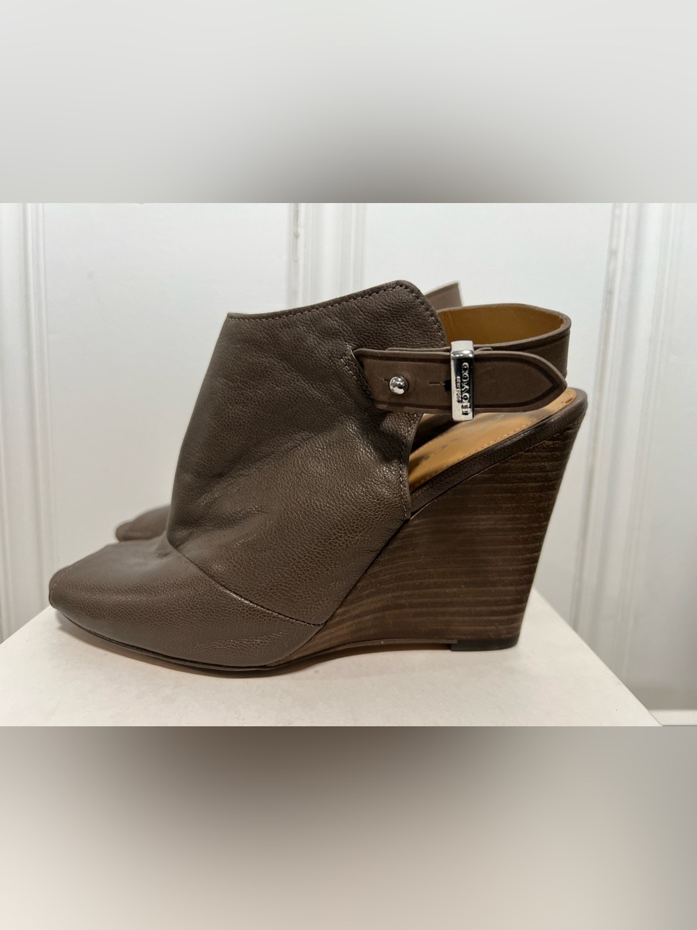 Coach Lindsay Leather Wedge Peep-Toe Slingback Heels